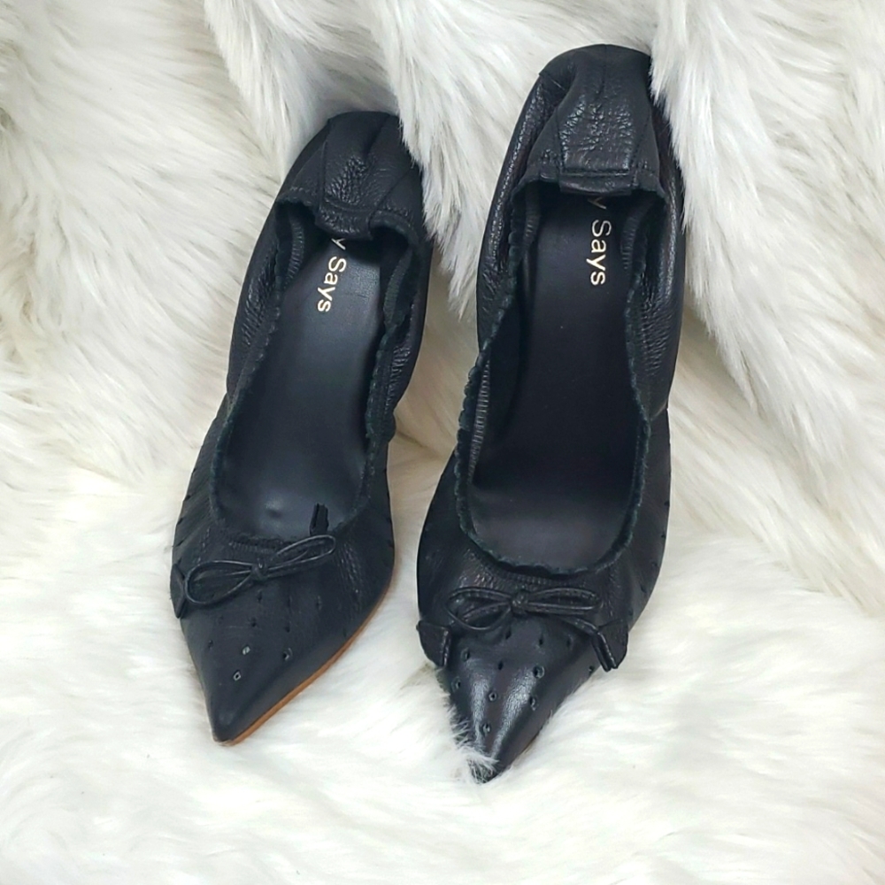 Cindy Says Black Leather Bow Heels Size 8 Slip On Elastic Back Dress  Shoes